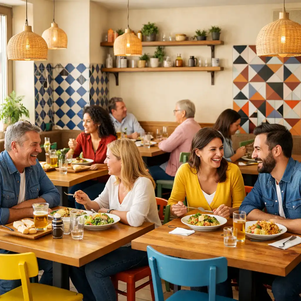 Salle principale du Comptoir des Plats avec tables en bois clair, chaises colorées et céramiques murales