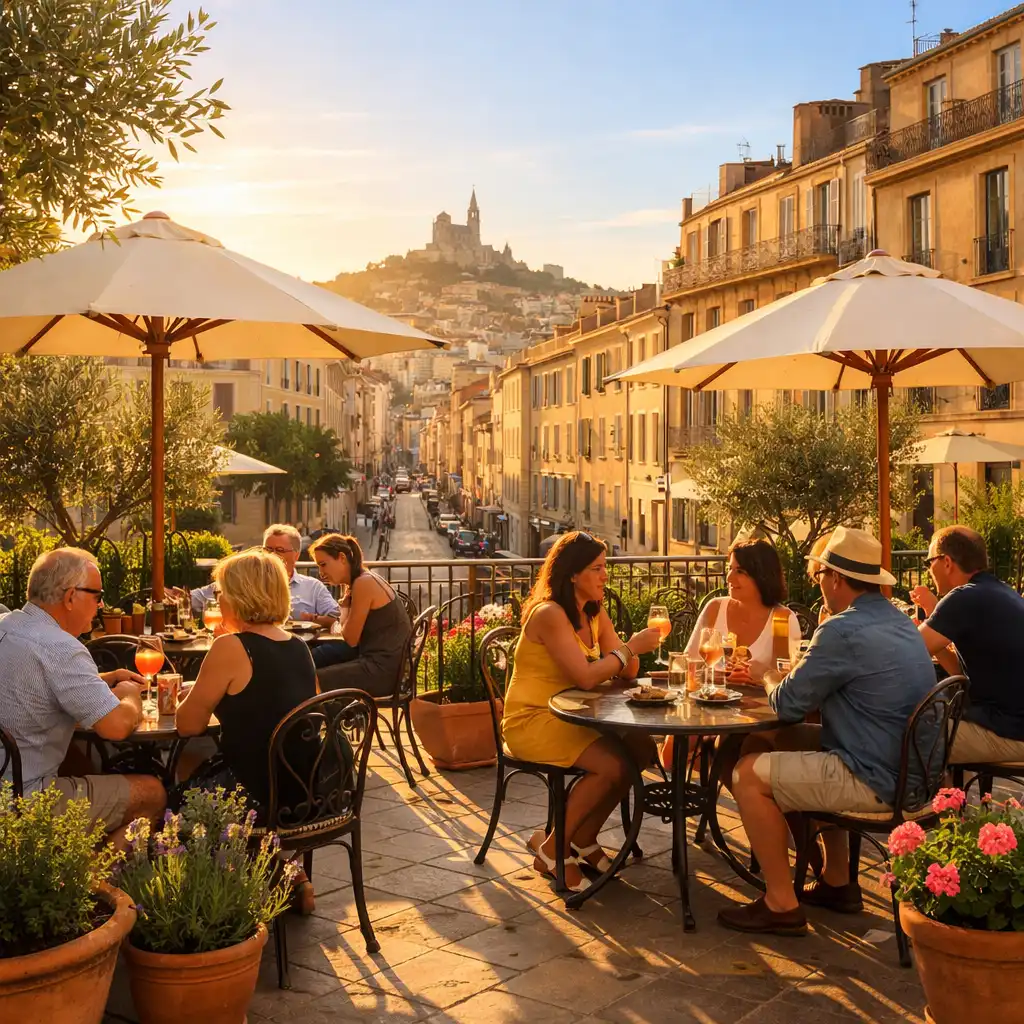 Terrasse ensoleillée avec tables en fer forgé, parasols crème et plantes méditerranéennes