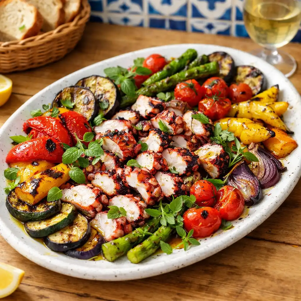 Grand plat à partager avec légumes grillés et poulpe, sur une table en bois clair