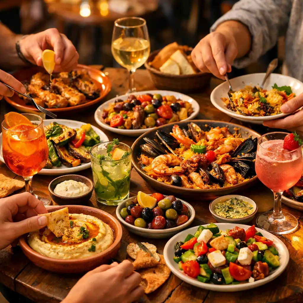 Table de brasserie animée avec des plats colorés à partager, fruits de mer et cocktails