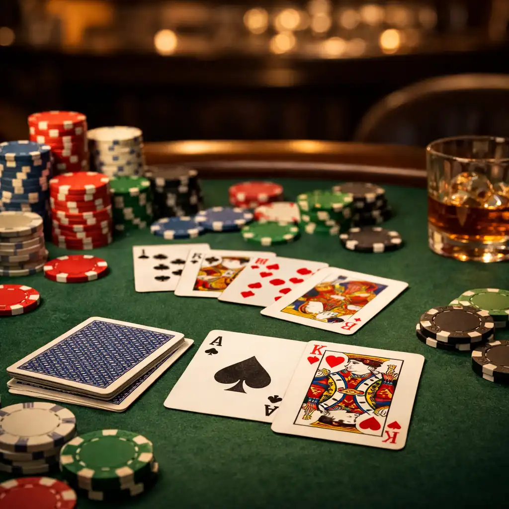 Table de poker avec cartes et jetons dans l'espace salon du Comptoir des Plats
